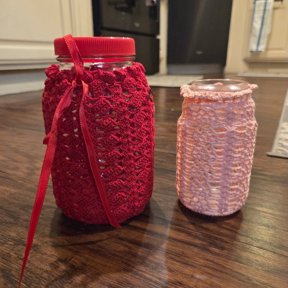 Handmade Crochet Jar Covers Set of 2 Red and Pink Lace Decorative Sleeves